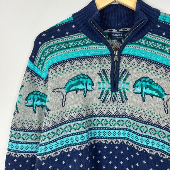 Crown & Ivy 1/4 Zip Fair Isle Fish Sweater Fisherman Holiday Size Large Men's - Picture 1 of 4